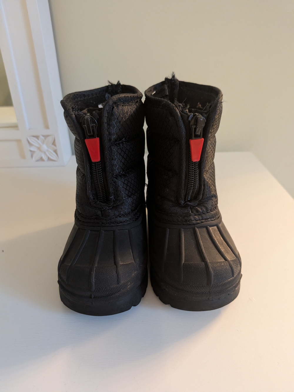 RBX Black Kids Winter Zip-Front Snow Boots with Red Pull Tabs